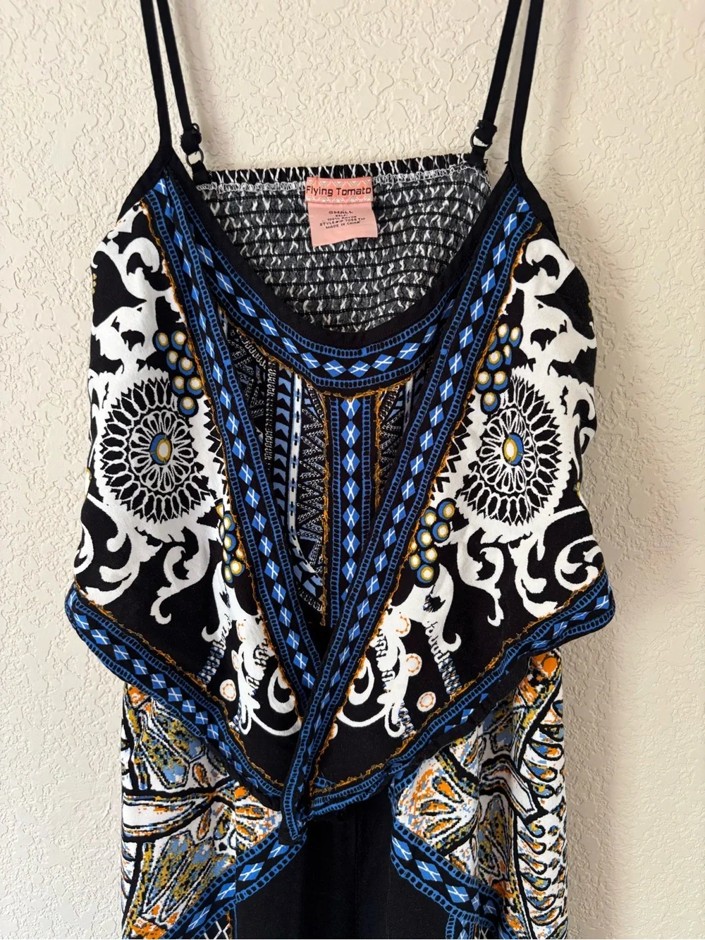 Flying Tomato blue, black, and white baroque-style print jumpsuit romper size S - Picture 5 of 9